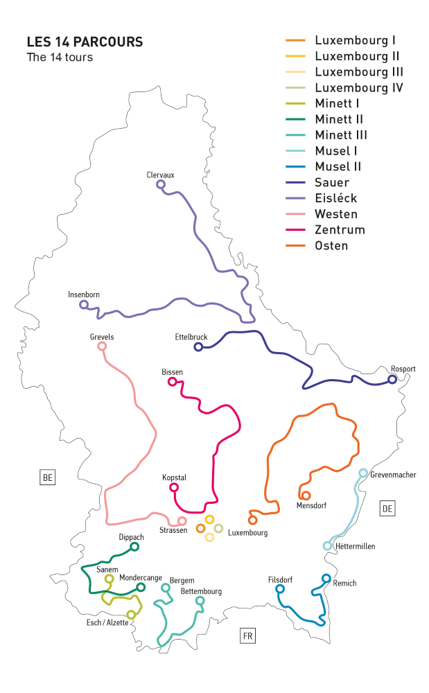 Schéma des 14 parcours